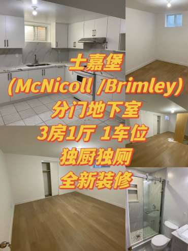 🔔招租🏠 🎯 Brimley/McNicoll 🎯近学校🏫公园 bus站 🎯分门 地下室